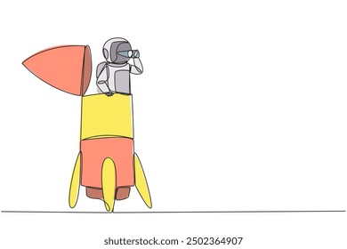 Single continuous line drawing astronaut emerges from the end of the rocket looking for something through binoculars. Check details before flying into the space. One line design vector illustration