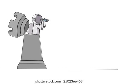 Single continuous line drawing astronaut emerges from a chess piece rook looking for something through binoculars. Gather plans so that perfect during expedition. One line design vector illustration