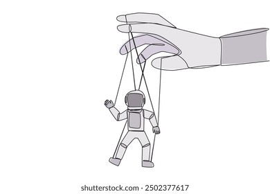 Single continuous line drawing astronaut walk by being moved by ropes controlled by a giant hand above. Very weak policy. A helpless astronaut doll. Outer space. One line design vector illustration