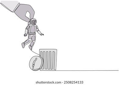 Single continuous line drawing astronaut is lifted by a giant hand will be put into trash can. Destroyer of space expedition mission plans. Cosmonaut outer space. One line design vector illustration