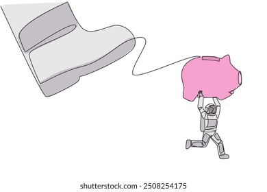 Single continuous line drawing astronaut carrying piggy bank run away from the giant foot. Escape with the assets that will be used for the expedition mission. One line design vector illustration