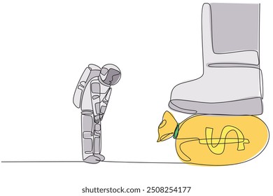 Single continuous line drawing astronaut nodded in front of giant foot stepping on money bag. Orders collect large amounts of money. Preparing to land on the moon. One line design vector illustration