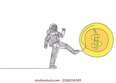 Single continuous line drawing astronaut kicking a big coin with a dollar symbol. Emotional. Donated funds are not enough for an expedition to the moon. Cosmonaut. One line design vector illustration