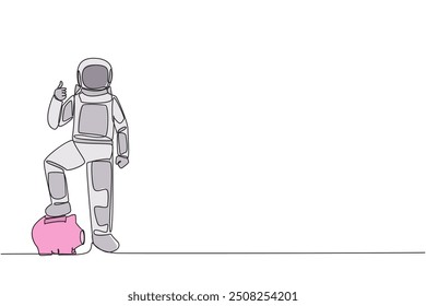 Single continuous line drawing astronaut stands with thumbs up pose and steps on the piggy bank with one of foot. Happy to release assets to conduct space research. One line design vector illustration