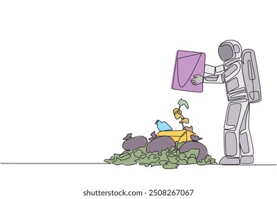 Single continuous line drawing astronaut throws rubbish into rubbish pile. Environmental care. Dispose of remaining supplies during the expedition. Outer space. One line design vector illustration