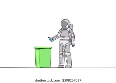 Una sola línea continua dibujando astronautas arroja botellas de plástico usadas en botes de basura desbordados. Cargando la basura que cayó después de la expedición espacial. Cuidado. Ilustración vectorial de diseño de una línea