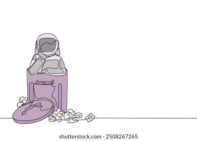 Single continuous line drawing the astronaut is in the trash. The space shuttle company went bankrupt. There were no return expeditions to space. Cosmonaut concept. One line design vector illustration