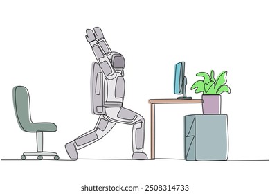 Single continuous line drawing astronaut stands with both hands raised and legs stretched. Stretching. Practicing breathing. Cosmonauts must remain calm. Spaceman. One line design vector illustration