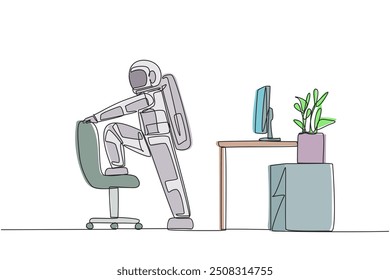 Single continuous line drawing the astronaut stands while lifting one of his legs onto a chair. Make time for light exercise in the midst of the busy schedule. One line design vector illustration