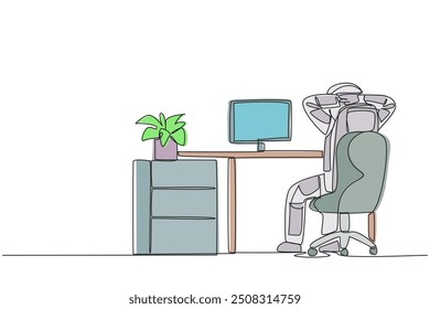 Single continuous line drawing astronaut sitting in chair with his hands holding the back of head. Rest while monitoring the location of the space expedition. One line design vector illustration