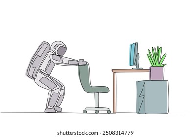 Single continuous line drawing astronaut stands with a slight bend and both hands hold the top of chair. Stretching. Nervous. It's time to go on a space expedition. One line design vector illustration