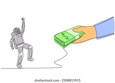 Single continuous line drawing astronaut excited to get a stack of banknotes from giant hand. Receive fair payment. Capital for the next space expedition. Spaceman. One line design vector illustration