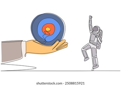 Single continuous line drawing astronaut was excited to get the arrow target board from a giant hand. Focus. Complete target. Return to earth safely. Cosmonaut. One line design vector illustration