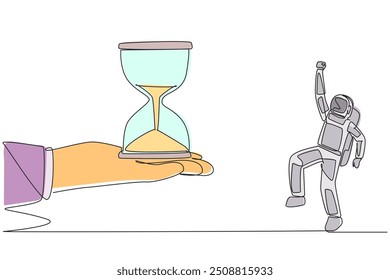 Single continuous line drawing astronaut excited to get the hourglass from the giant hand. The time has come. It's time to return to earth. Very happy. Cosmonaut. One line design vector illustration