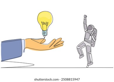 Single continuous line drawing astronaut is excited to get lightbulb from a giant hand. The need for innovation. Space mission research. Cosmonaut outer space. One line design vector illustration