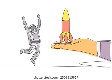 Single continuous line drawing astronaut happy to get rocket from the giant hand. A worthy gift. Getting the chance to expedition into space once again. Cosmonaut. One line design vector illustration