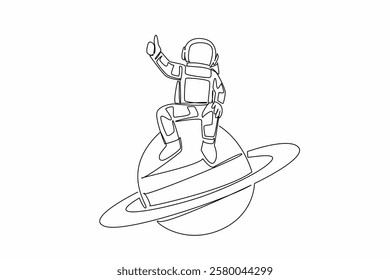 Single continuous line drawing the astronaut sitting on planet Saturn while his fingers form a thumbs up gesture. Relax before exploring. National Astronaut Day. One line design vector illustration