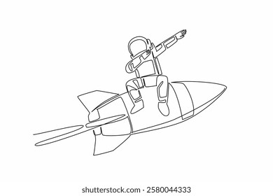 Single continuous line drawing astronaut sitting on rocket while posing dabbing style. Expression of excitement towards first expedition. National Astronaut Day. One line design vector illustration