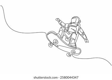 Single continuous line drawing astronaut is playing skateboard. Playing extreme sports in a vacuum. Stay healthy while exploring space. National Astronaut Day. One line design vector illustration