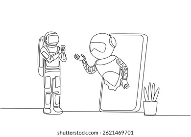 Single continuous line drawing astronaut stands holds a smartphone and robot comes out of large smartphone. Asking the risk. International Virtual Assistants Day. One line design vector illustration