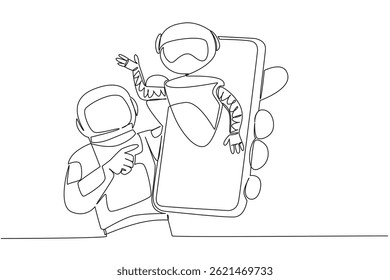 Single continuous line drawing astronaut holds smartphone with robot comes out of screen. Curiosity about space exploration. International Virtual Assistants Day. One line design vector illustration