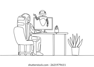 Um único astronauta de desenho contínuo de linha enfrenta o monitor e da tela do monitor um robô sai. Astronauta pedindo ajuda. Dia Internacional dos Assistentes Virtuais. Ilustração de vetor de design de uma linha
