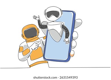 Single continuous line drawing astronaut holds smartphone with robot comes out of screen. Curiosity about space exploration. International Virtual Assistants Day. One line design vector illustration