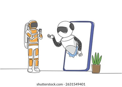 Single continuous line drawing astronaut stands holds a smartphone and robot comes out of large smartphone. Asking the risk. International Virtual Assistants Day. One line design vector illustration