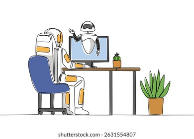 Um único astronauta de desenho contínuo de linha enfrenta o monitor e da tela do monitor um robô sai. Astronauta pedindo ajuda. Dia Internacional dos Assistentes Virtuais. Ilustração de vetor de design de uma linha