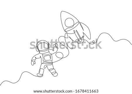 Single continuous line drawing of astronaut in spacesuit flying at outer space with rocket spacecraft. Science milky way astronomy concept. Trendy one line draw graphic design vector illustration