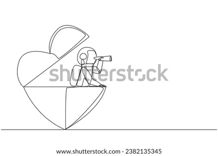 Single continuous line drawing astronaut emerges from heart shape look for something with binoculars. Strong determination to get married after returning from expedition. One line vector illustration