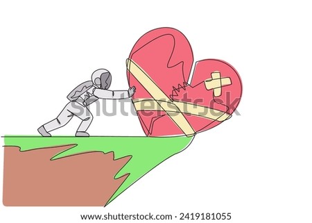 Single continuous line drawing astronaut pushing broken heart from the edge of the abyss. Regardless of injuries, teamwork is paramount during expeditions. Cosmic. One line design vector illustration
