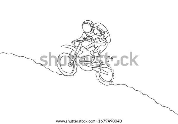 Single continuous\
line drawing of astronaut exercise motocross trick on moon surface.\
Space astronomy galaxy sport concept. Trendy one line draw design\
graphic vector\
illustration