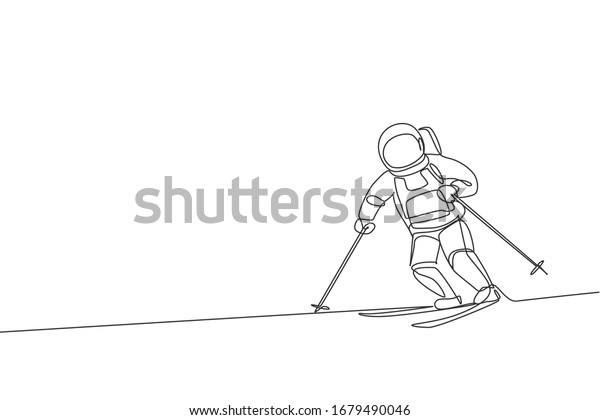 Single continuous line drawing of astronaut\
exercise skiing on moon surface, outer deep space. Space astronomy\
galaxy sport concept. Trendy one line draw graphic design vector\
illustration