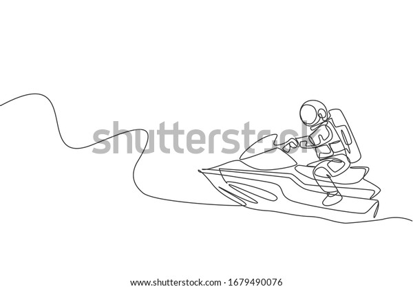 Single continuous line drawing of astronaut\
exercise jetski on moon surface, outer deep space. Space astronomy\
galaxy sport concept. Trendy one line draw graphic design vector\
illustration