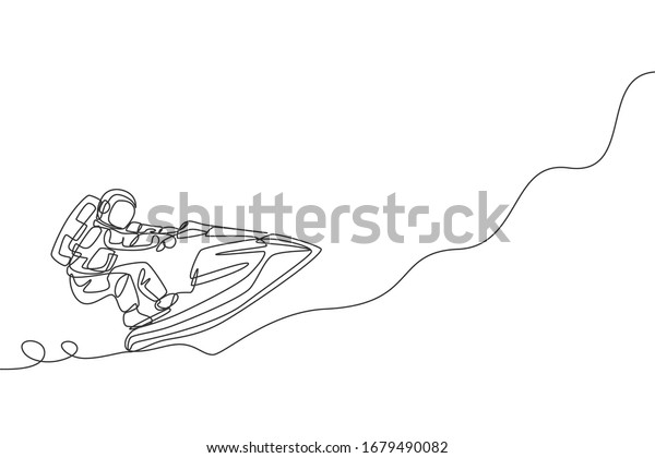 Single\
continuous line drawing of astronaut using jetski on moon surface,\
outer deep space. Space astronomy galaxy sport concept. Trendy one\
line draw graphic design vector\
illustration