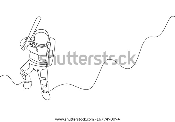 Single continuous line\
drawing of astronaut playing baseball on moon surface. Space\
astronomy galaxy sport concept. Trendy one line draw graphic design\
vector illustration