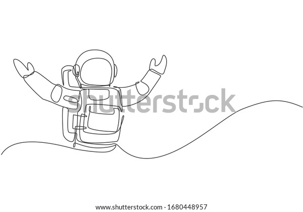 Single continuous line drawing of astronaut\
open his hands ready to hug in moon surface. Business office with\
galaxy outer space concept. Trendy one line draw design graphic\
vector illustration