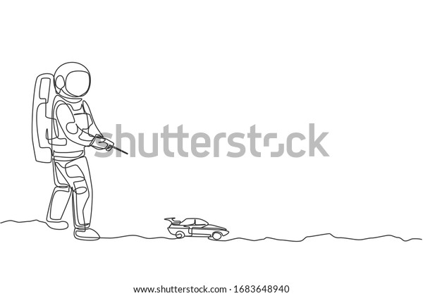 Single continuous line drawing of astronaut\
playing sedan car radio control in moon surface. Having fun in\
leisure time on outer space concept. Trendy one line draw design\
graphic vector\
illustration
