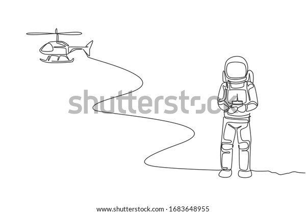 Single continuous line drawing of astronaut\
playing helicopter radio control in moon surface. Having fun in\
leisure time on outer space concept. Trendy one line draw design\
vector graphic\
illustration