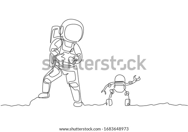 Single continuous line drawing of astronaut\
playing robot radio control in moon surface. Having fun in leisure\
time on outer space concept. Trendy one line draw graphic design\
vector illustration