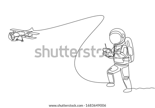 Single continuous line drawing of astronaut\
playing airplane radio control in moon surface. Having fun in\
leisure time on outer space concept. Trendy one line draw design\
vector illustration\
graphic