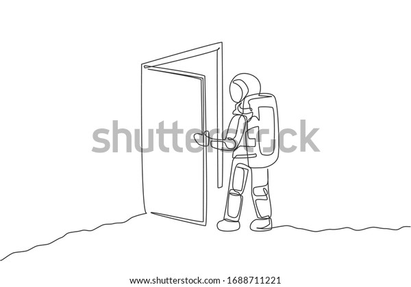 Single continuous line drawing of astronaut\
entering open door gate into new dimension in moon surface.\
Cosmonaut outer space concept. Trendy one line draw design vector\
illustration graphic