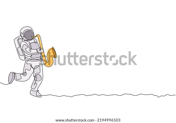 Single continuous line drawing of astronaut\
playing saxophone musical instrument in moon surface. Deep space\
music concert concept. Trendy one line graphic draw design vector\
illustration