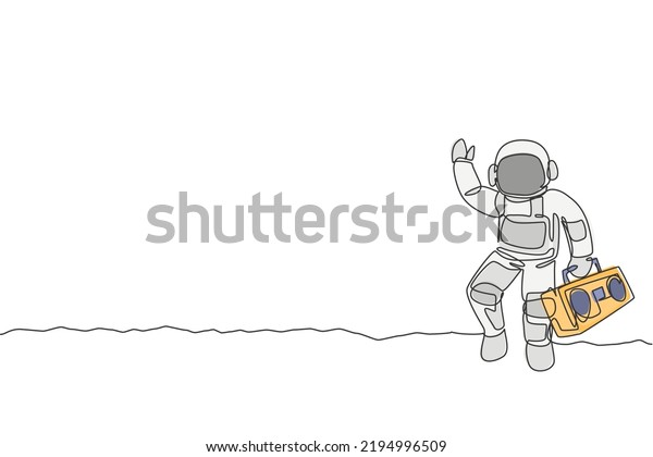 Single continuous line drawing of astronaut\
walking and holding retro radio with hand on moon surface. Outer\
space music concert concept. Trendy one line draw graphic design\
vector illustration
