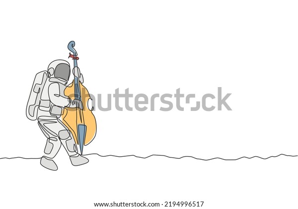 Single continuous line drawing of astronaut\
cellist playing cello musical instrument on moon surface. Outer\
space music concert concept. Trendy one line draw design vector\
graphic illustration