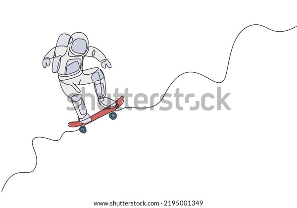 Single continuous line
drawing of astronaut riding skateboard on moon surface. Space
astronomy galaxy sport concept. Trendy one line draw design graphic
vector illustration