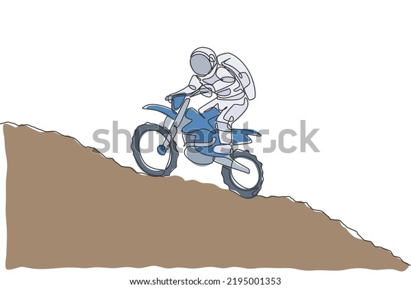 Single continuous\
line drawing of astronaut exercise motocross trick on moon surface.\
Space astronomy galaxy sport concept. Trendy one line draw design\
graphic vector\
illustration
