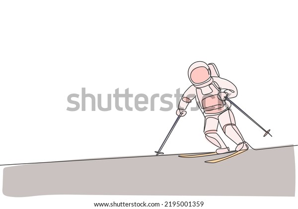 Single continuous line drawing of astronaut\
exercise skiing on moon surface, outer deep space. Space astronomy\
galaxy sport concept. Trendy one line draw graphic design vector\
illustration
