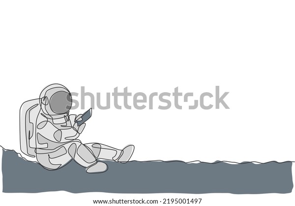 Single continuous line drawing of astronaut\
siting on moon surface and texting to partner in earth. Business\
office with galaxy outer space concept. Trendy one line draw design\
vector illustration